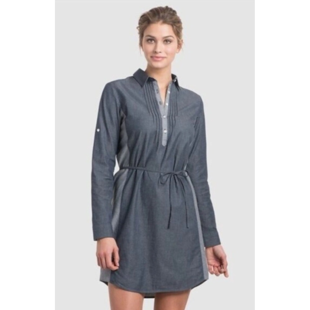 Kuhl Kiley Dress Indigo Sail Blue Chambray Shirt Dress Belted Womens Size Large